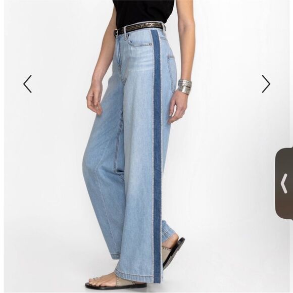 Johnny Was Melanie Wide Leg Flare Blanket Stitch Cotton Boho Denim Jeans Sz 25 - Picture 1 of 13